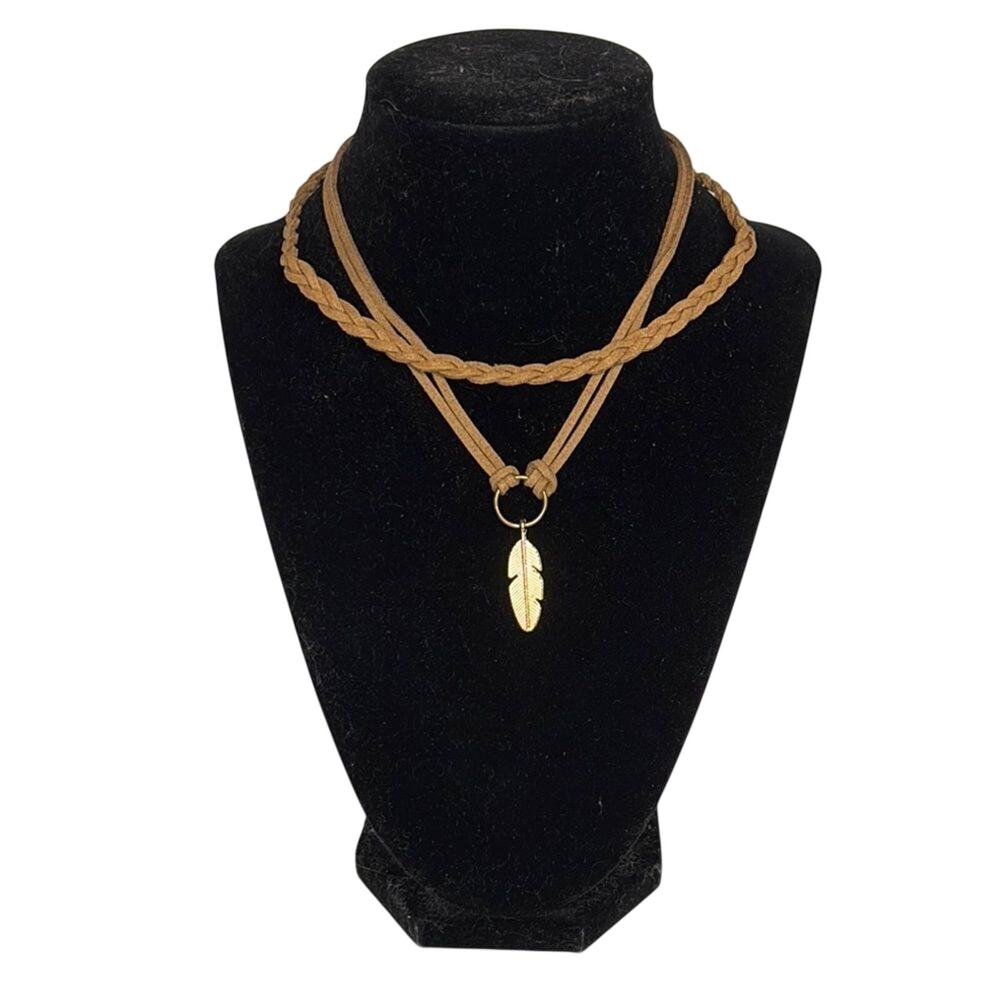 Layered Boho Choker Necklace Set Tan Braided Faux Leather Feather Pendant